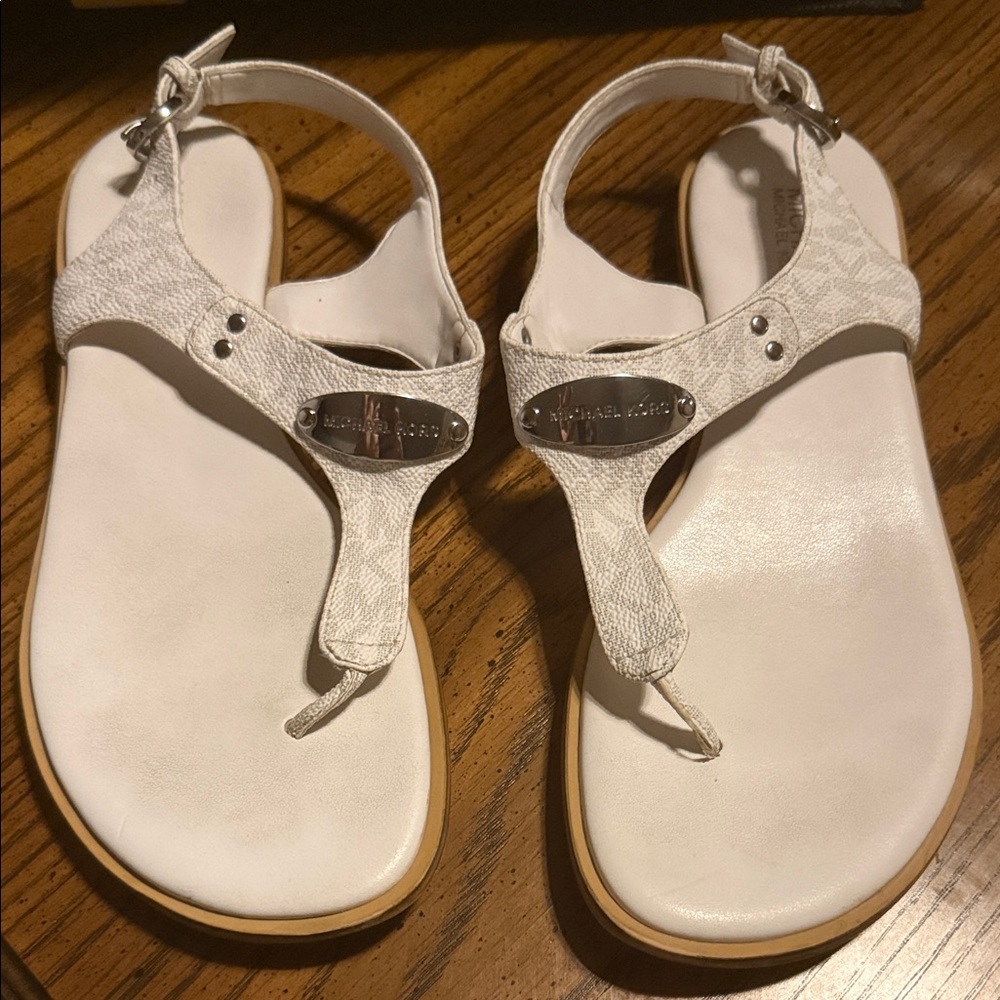 Michael Kors White Logo-Accent T-Strap Sandals